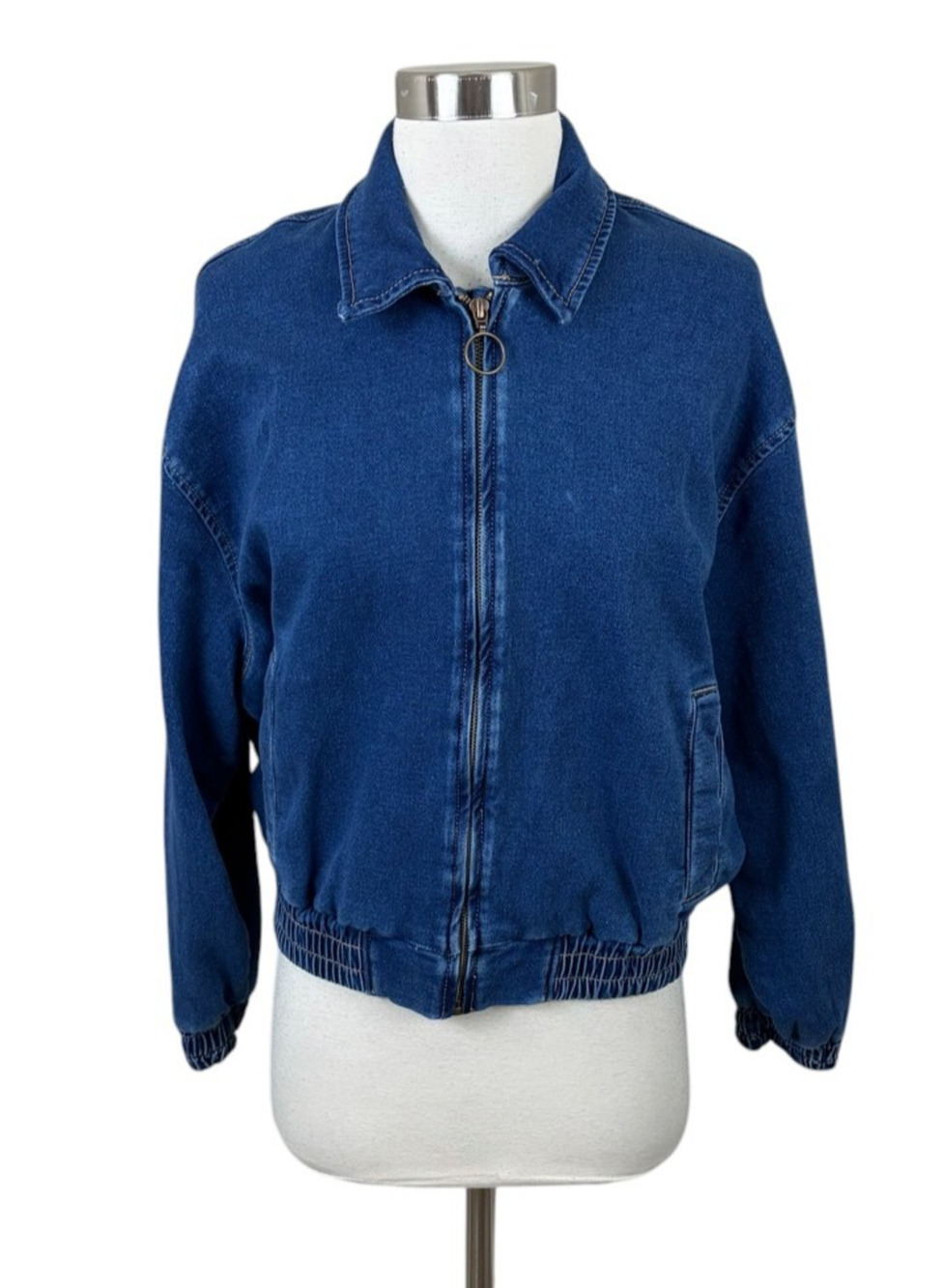 Pilcro The Riley Bomber Jacket Blue Denim Full Zip Pockets Relaxed Size XXS